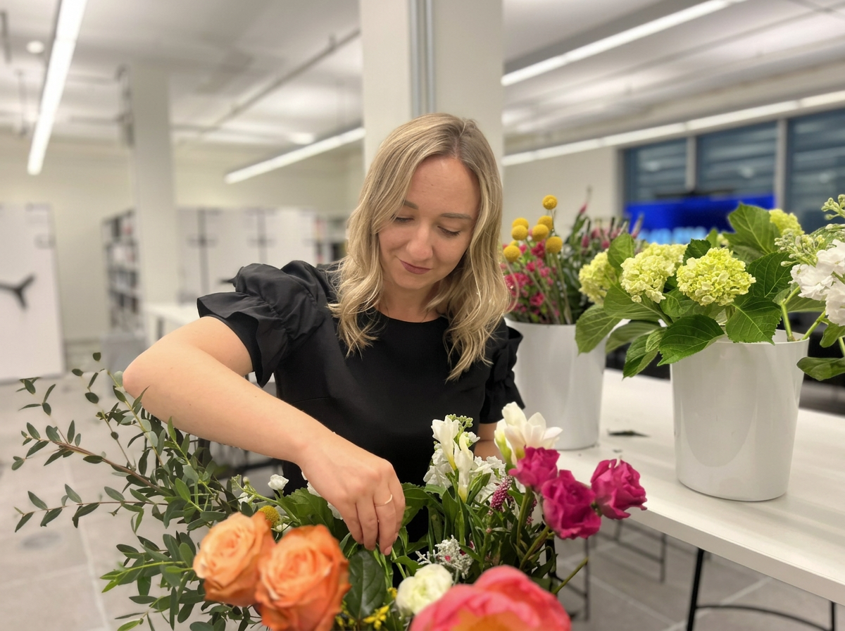 Kat arranging fresh seasonal blooms at a Blooming flower workshop